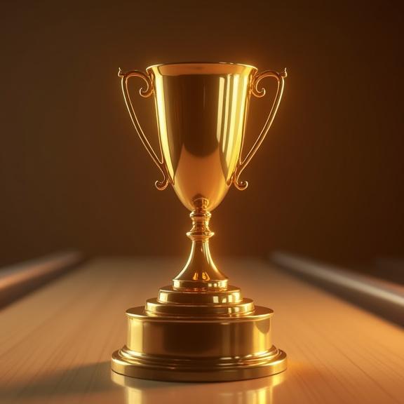 Ein goldener Bowling-Pokal auf einem Podest