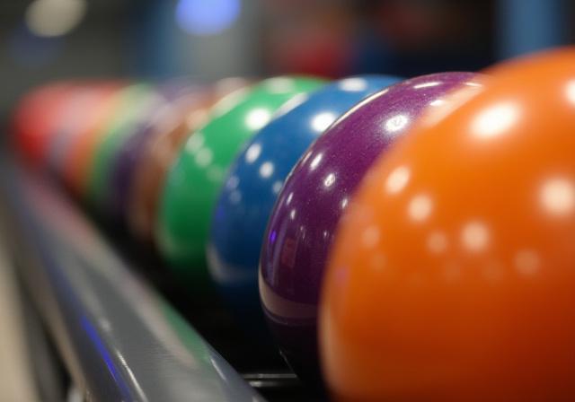 Ein Regal voller bunter Bowlingkugeln