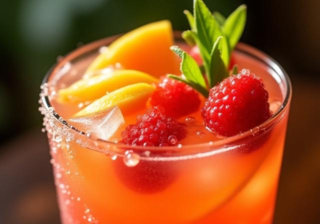 Detailaufnahme eines bunten Cocktails mit Garnitur