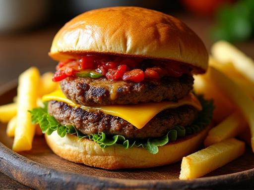 Nahaufnahme eines saftigen Pfeffer-Burgers mit Pommes