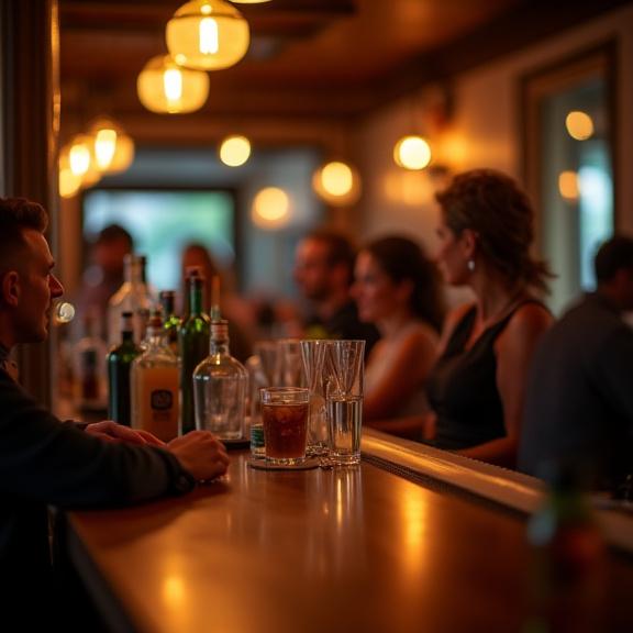 Stilvoller Barbereich mit Gästen, die Getränke genießen