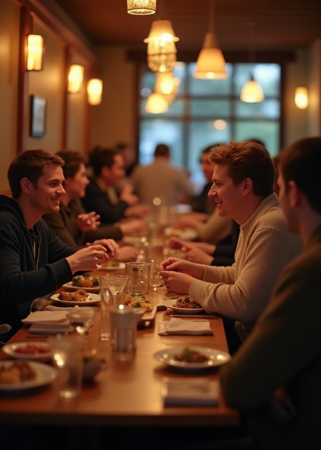 Gäste essen und lachen im Restaurantbereich